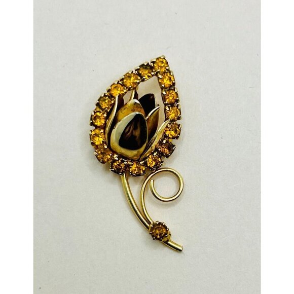 unknown Jewelry - Rare Tulip Peach Rhinestone Brooch Vintage Three Dimensional Art Nouveau